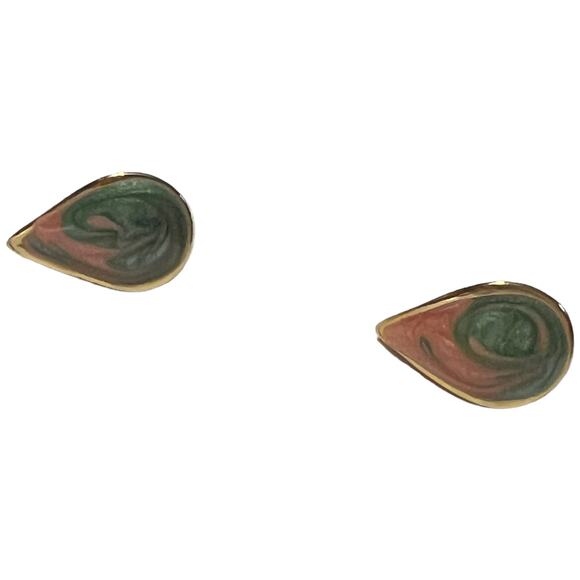 Vintage Gold-Tone Peach & Green Swirl Post Earrings, Teardrop Design - Picture 10 of 15